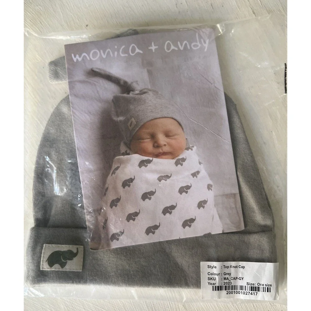 Monica+Andy Baby Beanie Gray Tie Knot Top Knit Cap OS Organic Cotton NWT